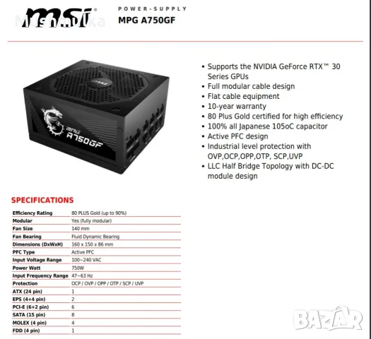 Продавам работещо захранване MSI A750GF, снимка 11 - Захранвания и кутии - 55979620