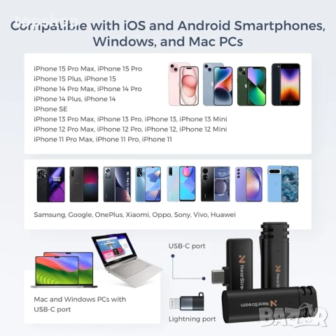 Нови в оригиналната опаковка микрофони nearstream aw awm10t. Безжичени микрофони за iPhone, Android, снимка 6 - Микрофони - 51728481