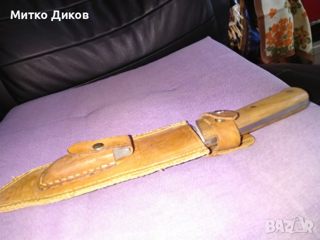 Ловен нож голям  с нов калъф естествена кожа 320х190мм дървена дръжка бряст с точило, снимка 13 - Ножове - 38518181