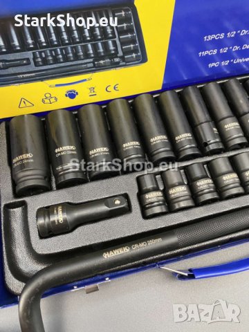  Ударни вложки 27 части 1/2″ Hawek в метален куфар – къси и дълги, снимка 3 - Други инструменти - 41696868