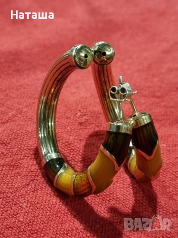 Италиански масивни сребърни позлатени обеци с цветен емайл, снимка 3 - Обеци - 41858765