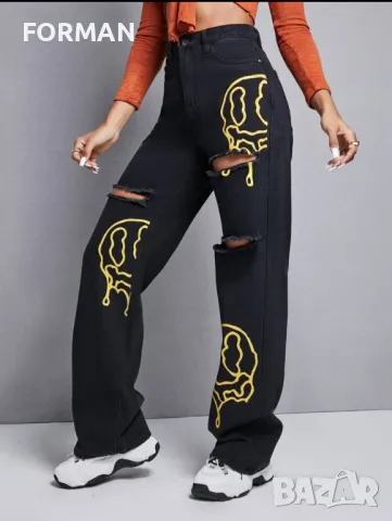 СТРАХОТНИ черни накъсани дънки с висока талия, снимка 3 - Дънки - 49606483