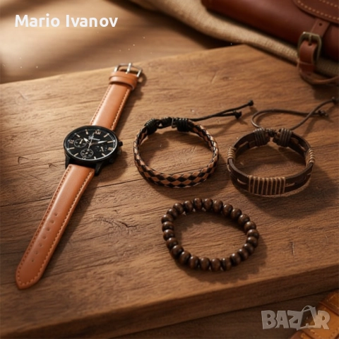 Комплект ръчен мъжки часовник с три гривни – стилен аксесоар за всеки повод, снимка 6 - Дамски - 52847315