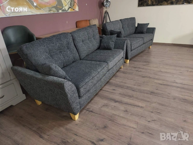 Сив комплект дивани от плат тройка и двойка, снимка 6 - Дивани и мека мебел - 53754312