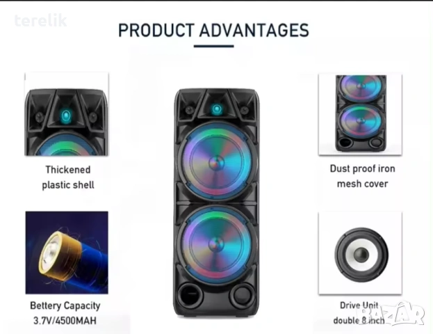 №1 Нова ZQS 8210 2х8 120W 6500mah 2 микрофона ПРЕНОСИМА КАРАОКЕ КОЛОНА, снимка 15 - Аудиосистеми - 53163688