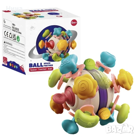 Бебешка сензорна топка/ чесалка за гризкане при никнене на зъбки с космически елементи 🛰🪐🚀🌍, снимка 2 - Дрънкалки и чесалки - 51069644