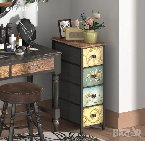 Скрин VEDECASA, тесен скрин с 4 чекмеджета от плат, метална рамка, дървен плот, винтидж дизайн, снимка 6 - Скринове - 52777328