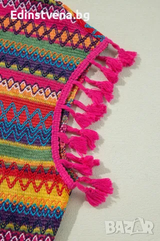 Дамска блуза с етно жакардов десен и къси ръкави с пискюли, снимка 9 - Други - 50130058