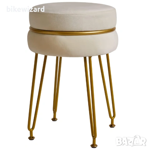 Модерна кадифена кръгла табуретка със златисти крака – кремаво-бяла НОВА, снимка 5 - Столове - 53718714