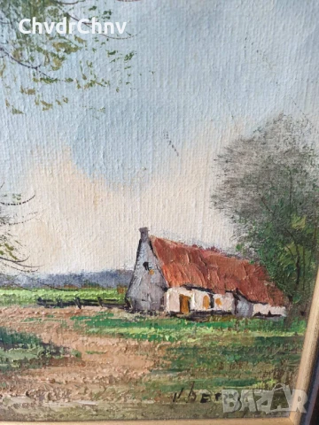 33х38см/малка стара картина масло върху платно/пейзаж-къща-дърво-път/дървена рамка, снимка 4 - Картини - 50474186