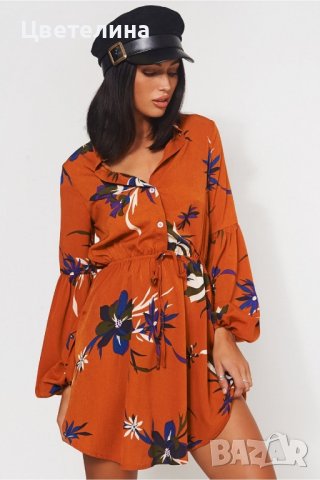 Дамска рокля риза с буфан ръкав М размер + подарък обички, снимка 10 - Рокли - 42597045