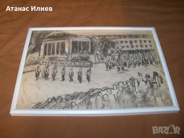 Манифестация пред мавзолея, стара соц рисунка с молив, снимка 3 - Картини - 38817112