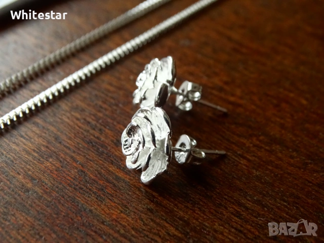 Дамски посребрен комплект - колие и обеци с мотив "Роза", снимка 3 - Колиета, медальони, синджири - 53623664