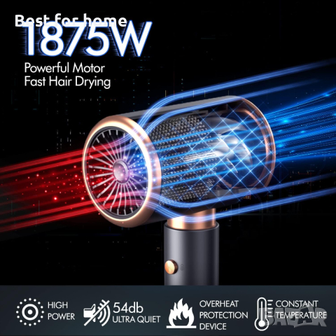 Преносим йонен сешоар с дифузер и концентрирана пръскаща глава,Бързо изсъхване,сив+златен акцент