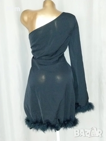 XL Черна рокля с един ръкав с естествени пера / пух /, снимка 6 - Рокли - 52347902