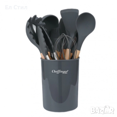 Комплект 12 части кухненски прибори със стойка–силиконови накрайници, дървени дръжки, снимка 3 - Прибори за хранене, готвене и сервиране - 53572991