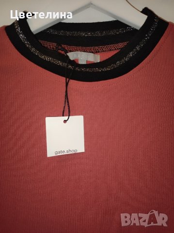 Дамска розова рипсена тениска с декорирана яка от ламе на GATE размер S цена 10 лв. + подарък шал, снимка 4 - Тениски - 42683713