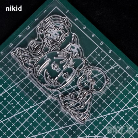 Деца с Тиква и коте Хелоуин Halloween силиконов гумен печат украса бисквитки фондан Scrapbooking, снимка 2 - Други - 34390113