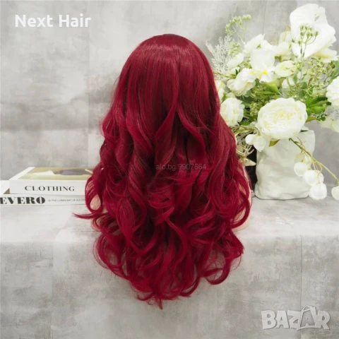 Луксозна бордо бургунди перука с дълбоки вълни и дантела лейс фронт, снимка 4 - Аксесоари за коса - 51119963