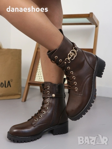 Дамски боти с връзки и цип в кафяво , снимка 5 - Дамски боти - 52228450