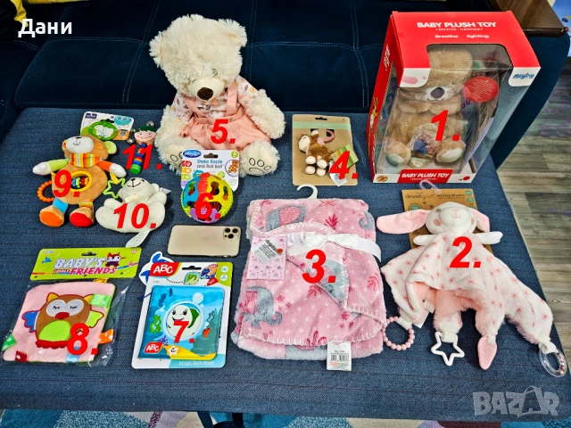 Продавам Чисто НОВИ бебешки играчки с етикетите, видра, мече, одеяло, дрънкалки