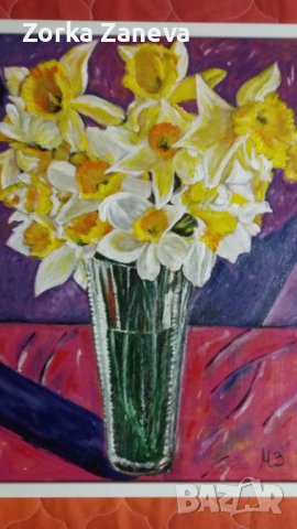 цветя-авторска картина 40/30 в рамка,рисувана на ръка., снимка 3 - Картини - 41819389