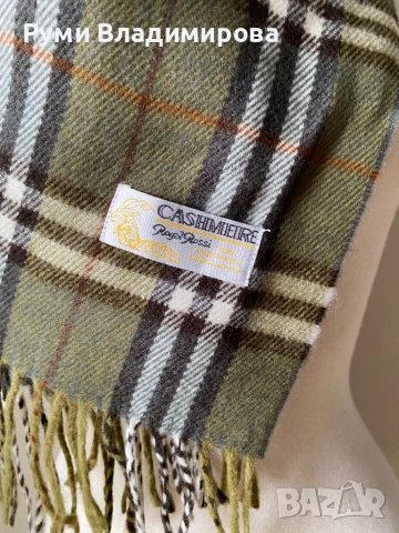 Тютюнево зелен, кариран шал от 100 % кашмир, снимка 4 - Шалове - 53423856