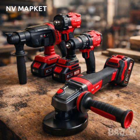 Комплект 4 в 1 акумулаторен перфоратор, гайковерт, винтоверт и ъглошлайф 36V 8A