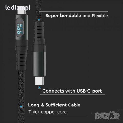 Кабел Тип-С Към Тип-С 1m Черен С LED Дисплей, снимка 3 - USB кабели - 39301551