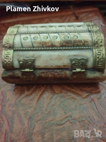 костена инкрустирана кутия  облицована със син бархет, снимка 3 - Антикварни и старинни предмети - 53438163