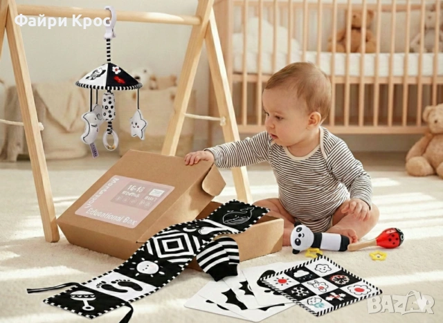 Монтесори комплект черно бяли контрастни карти (20бр), сензорни играчки висулка, шумяща кърпичка 0-6