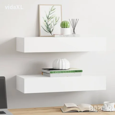 vidaXL Стенни рафтове с чекмеджета, 2 бр, бели, 60x23,5x10 см, МДФ, снимка 3 - Етажерки - 56146923