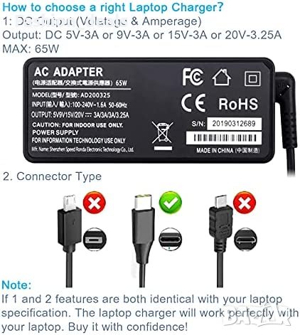 Нов Адаптер зарядно устройство 65W USB C Type C зарядно за лаптоп Yoga , снимка 3 - Друга електроника - 40314018
