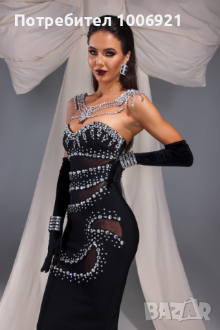 Класна дълга черна рокля с украсена с кристали,камъни в сребристо , снимка 1 - Рокли - 44585010