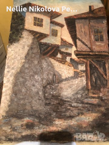 стара картина масло на платно стари къщи, снимка 3 - Картини - 35725371