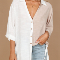 Дамска риза с 'color block' дизайн в бяло и бежово, снимка 6 - Ризи - 44761604
