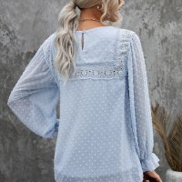 Дамска елегантна блуза в светлосиньо с принт на точки, снимка 5 - Блузи с дълъг ръкав и пуловери - 40148782
