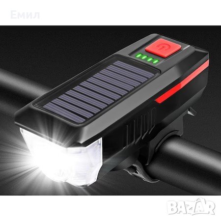 Соларен LED фар за велосипед с клаксон, снимка 1
