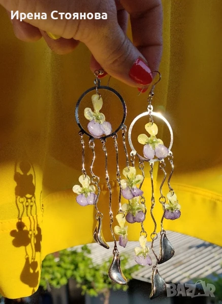 Обеци с естествен цвят на градински теменужки. Необичайно и стилно допълнение към вашия тоалет, снимка 1