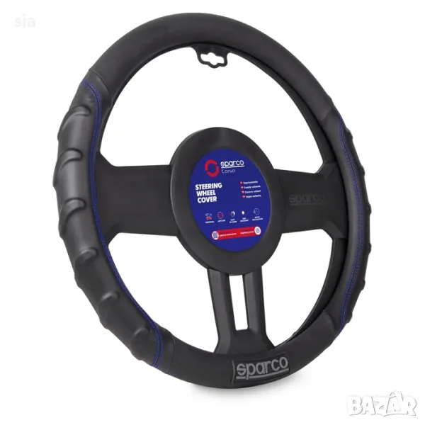 Калъф за волан, естествена кожа, M- 38см, Черно/ син конец, снимка 1