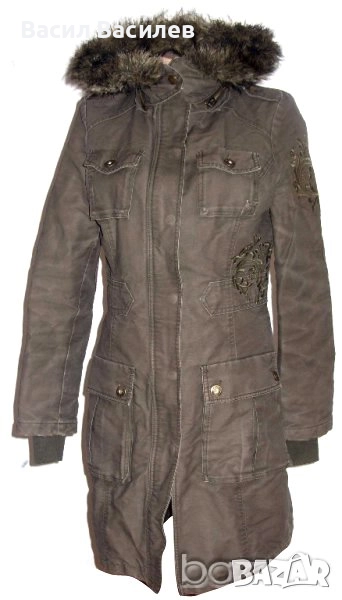 Cool Cat дамско зимно палто милитъри зелено с качулка бродерия 100% памук, снимка 1