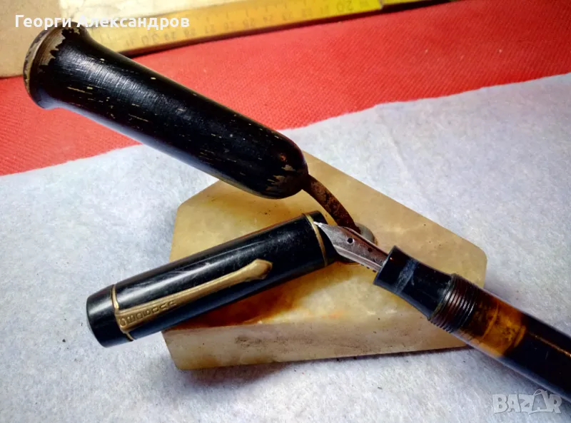 Стара ПИСАЛКА СВОБОДА и СТАРИНЕН ПОСТАМЕНТ ПРЕСПАПИЕ от ЕГИПЕТСКИ АЛАБАСТЪР / ОНИКСОВ МРАМОР и ДЪРВО, снимка 1