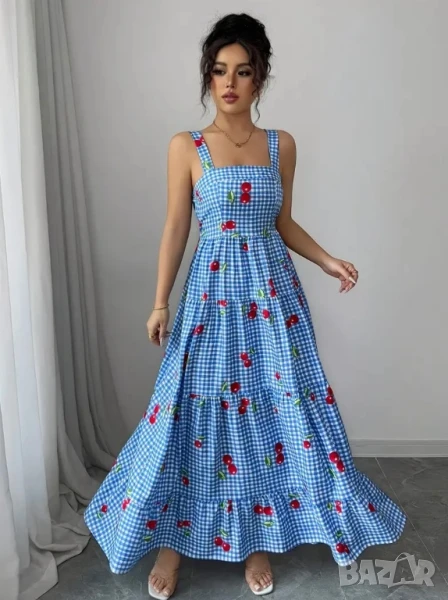 Лятна дълга карирана рокля на черешки, снимка 1