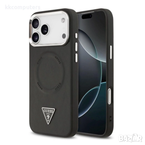 Оригинален кейс Guess Leather Triangle Metal Logo и Протектор За iPhone 17 Pro Max (6.9), Черен, снимка 1