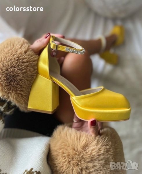 Сандали на ток - жълт сатен - VSN1, снимка 1