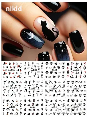 лист 12 в 1 черни котки котета коте слайдер татос ваденки водни стикери за нокти маникюр, снимка 1