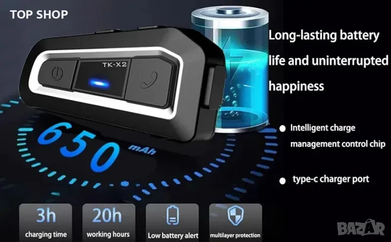 TK-X2 Мотоциклетна каска Интерком Bluetooth слушалка, снимка 1