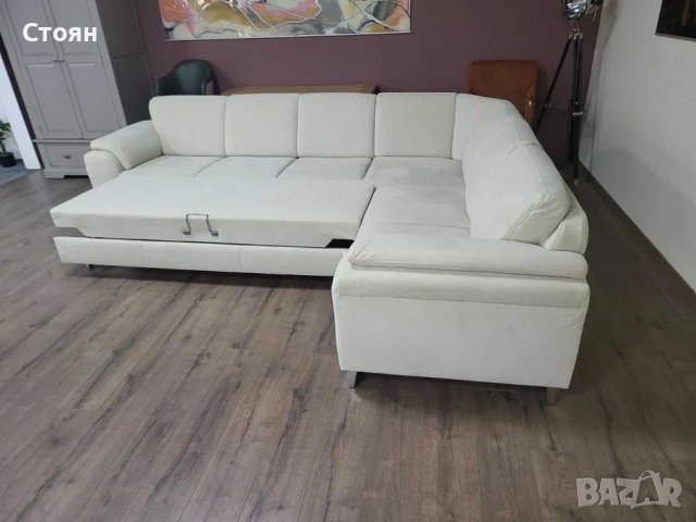 Светло кремав ъглов диван от плат с функция сън и чекмедже КS4815, снимка 2 - Дивани и мека мебел - 44245239