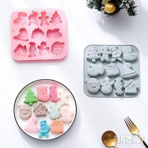 Силиконова форма за коледни сладки и шоколад силиконов коледен молд с 11 различни фигурки, снимка 6 - Форми - 52237254