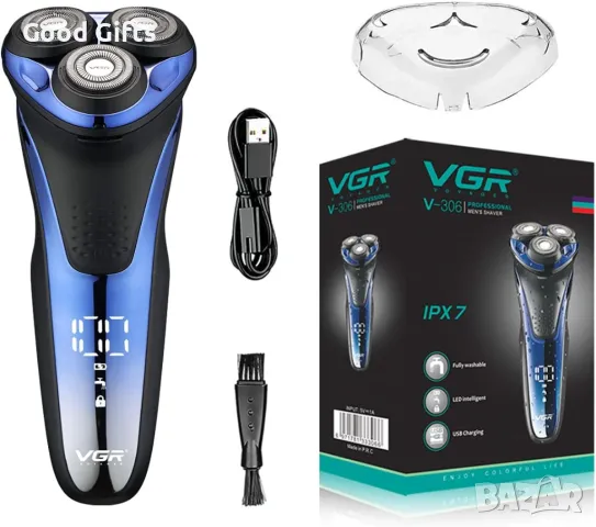 Мъжка електрическа самобръсначка VGR V-306 – въртящи остриета, LED дисплей, водоустойчива, USB зареж